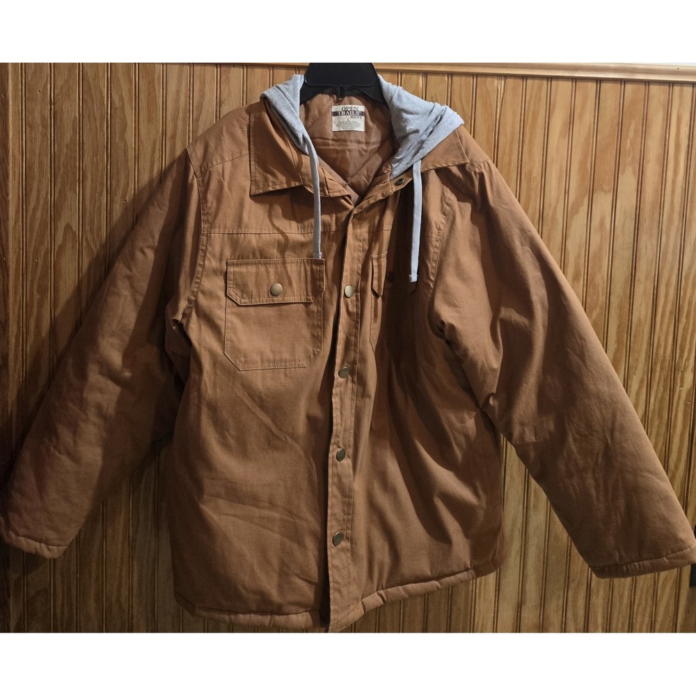 Open Trails Jacket Mens Large Brown Hooded Quilted Workwear Canvas Snap #67227
